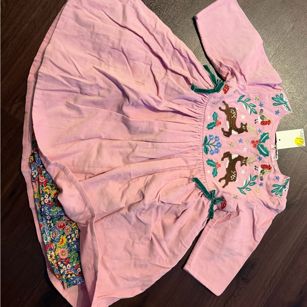 Mini Boden Pink Embroidered Dress with Floral Accents - Christmas Dress